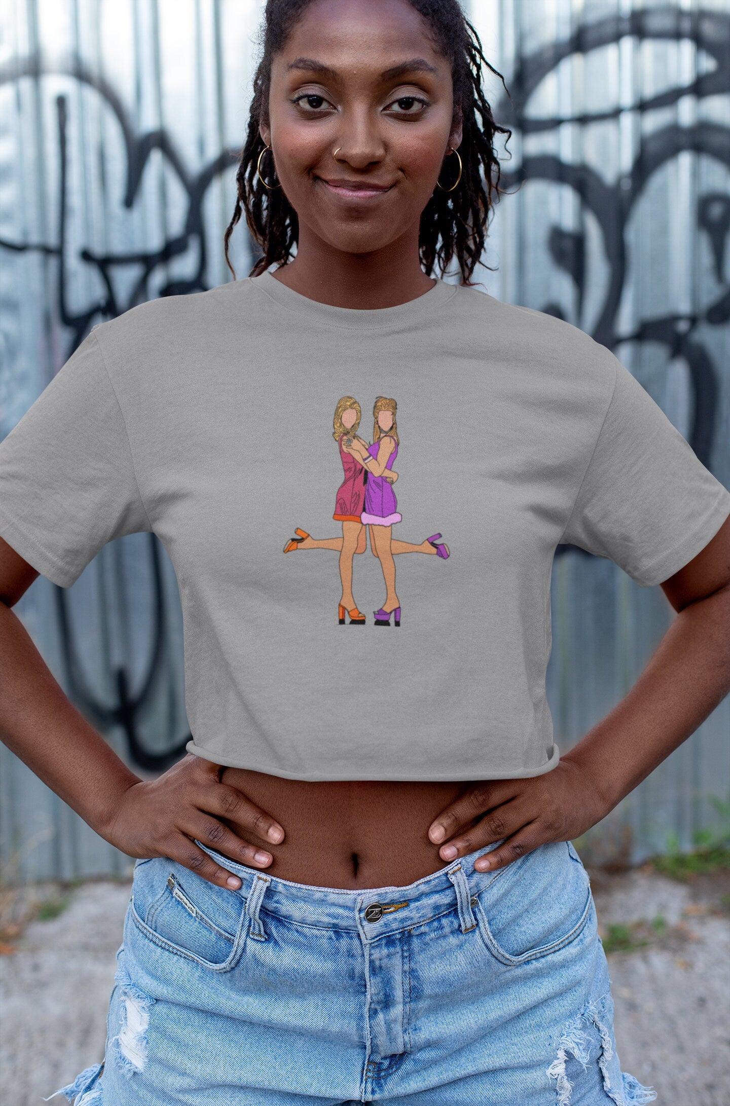 Romy and Michele's High School Reunion Crop Top Tshirt in Oxford Grey. Mira Sorvino as Romy White and Lisa Kudrow as Michele Weinberger in Romy and Michele's High School Reunion 90s Movie