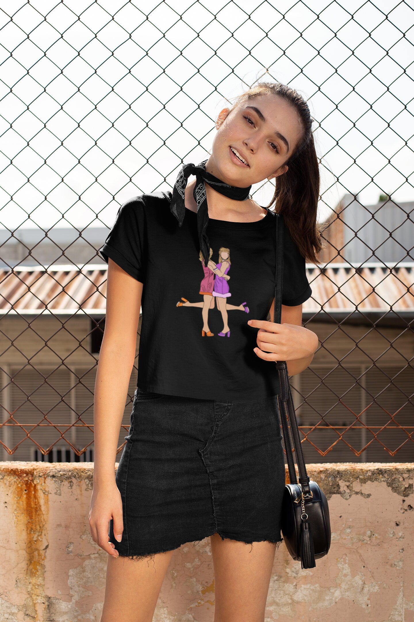 Romy and Michele's High School Reunion Crop Top Tshirt in Black. Mira Sorvino as Romy White and Lisa Kudrow as Michele Weinberger in Romy and Michele's High School Reunion 90s Movie