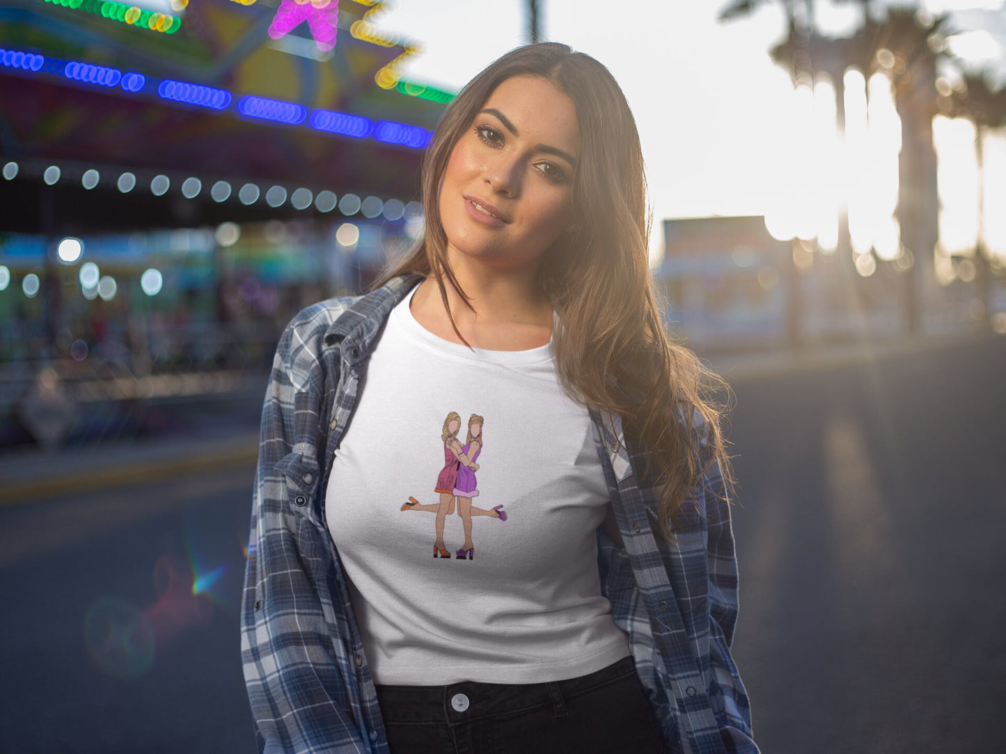 Romy and Michele's High School Reunion Crop Top Tshirt in White. Mira Sorvino as Romy White and Lisa Kudrow as Michele Weinberger in Romy and Michele's High School Reunion 90s Movie