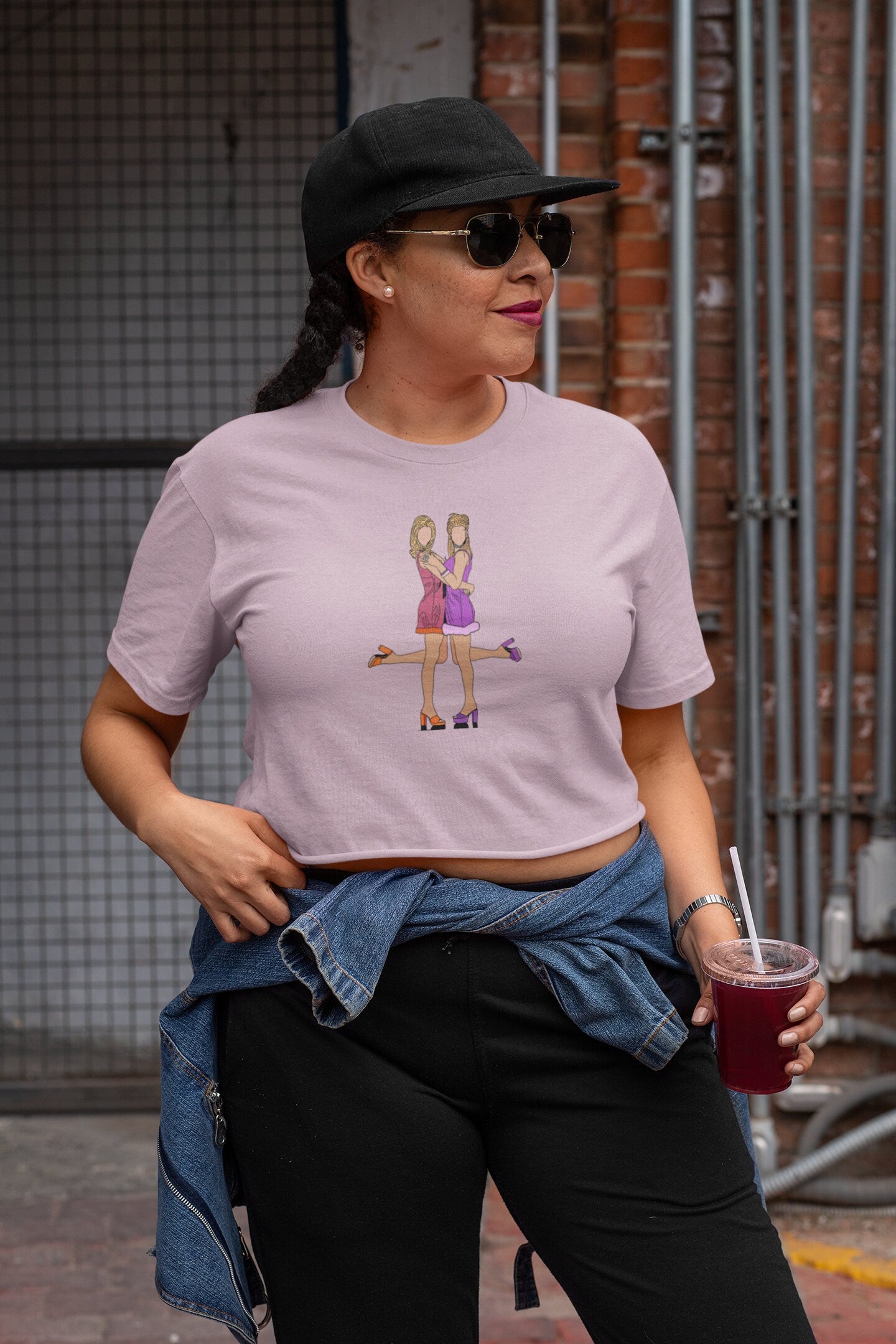 Romy and Michele's High School Reunion Crop Top Tshirt in Pink. Mira Sorvino as Romy White and Lisa Kudrow as Michele Weinberger in Romy and Michele's High School Reunion 90s Movie