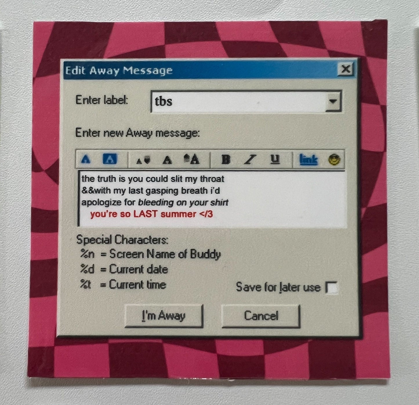 Taking Back Sunday - You're So Last Summer AIM Away Message Holographic Sticker