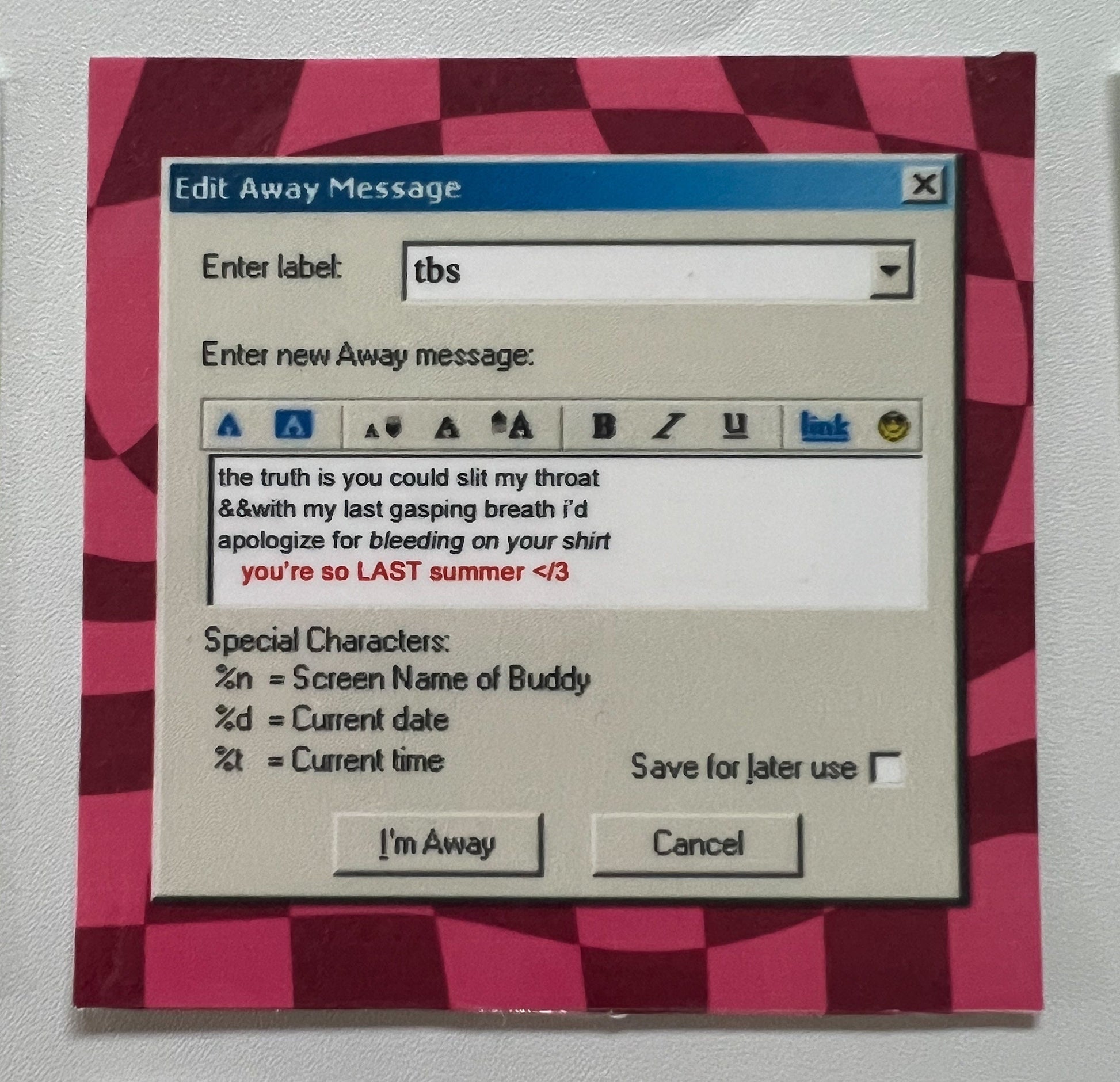 Taking Back Sunday - You're So Last Summer AIM Away Message Holographic Sticker